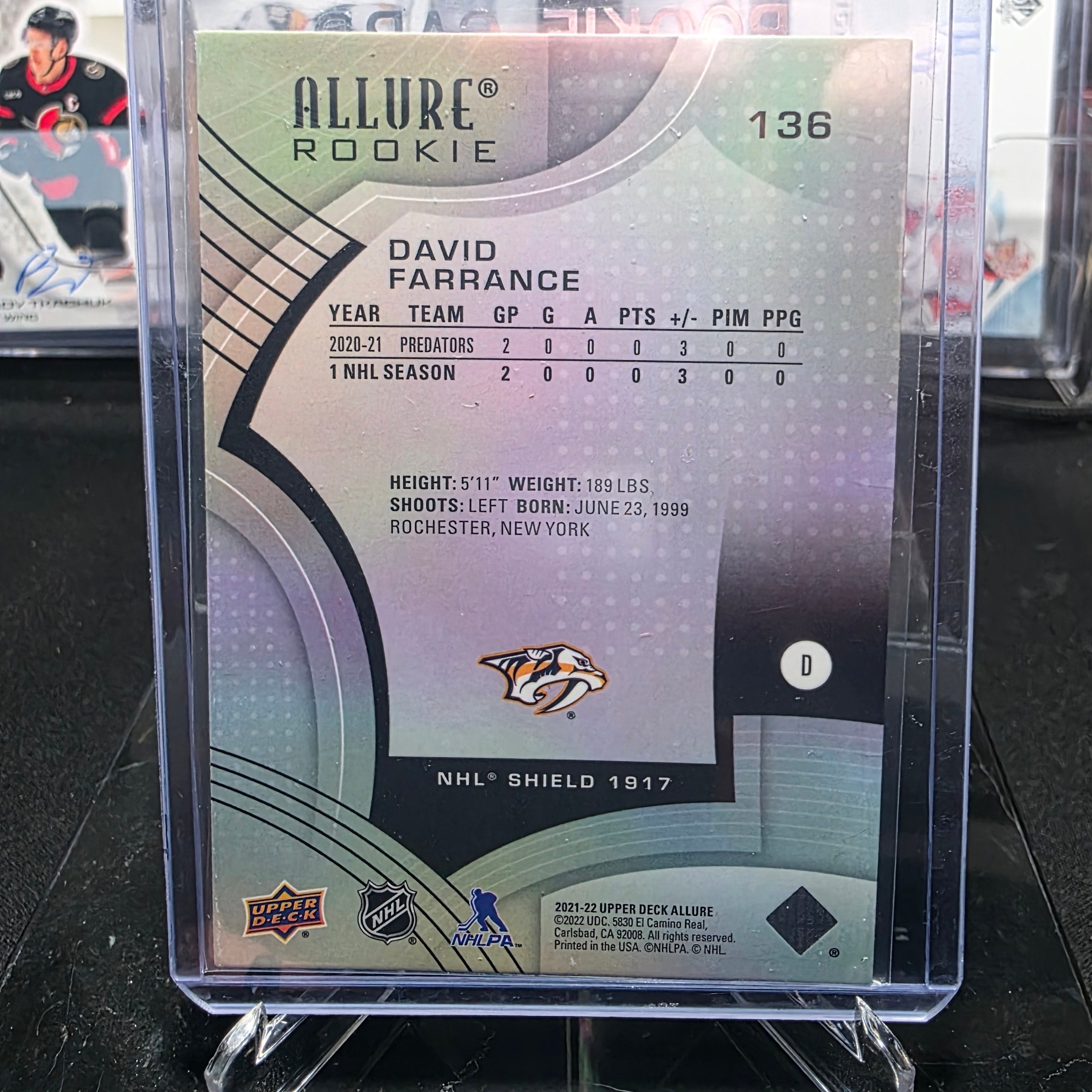2021-22 Upper Deck Allure David Farrance #136 Rookie Nashville Predators