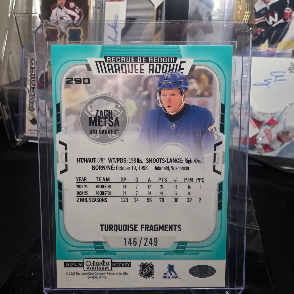 2025-26 O-Pee-Chee Platinum Marquee Rookie Turquoise Fragments 290 Zach Metsa Buffalo Sabres 146/249
