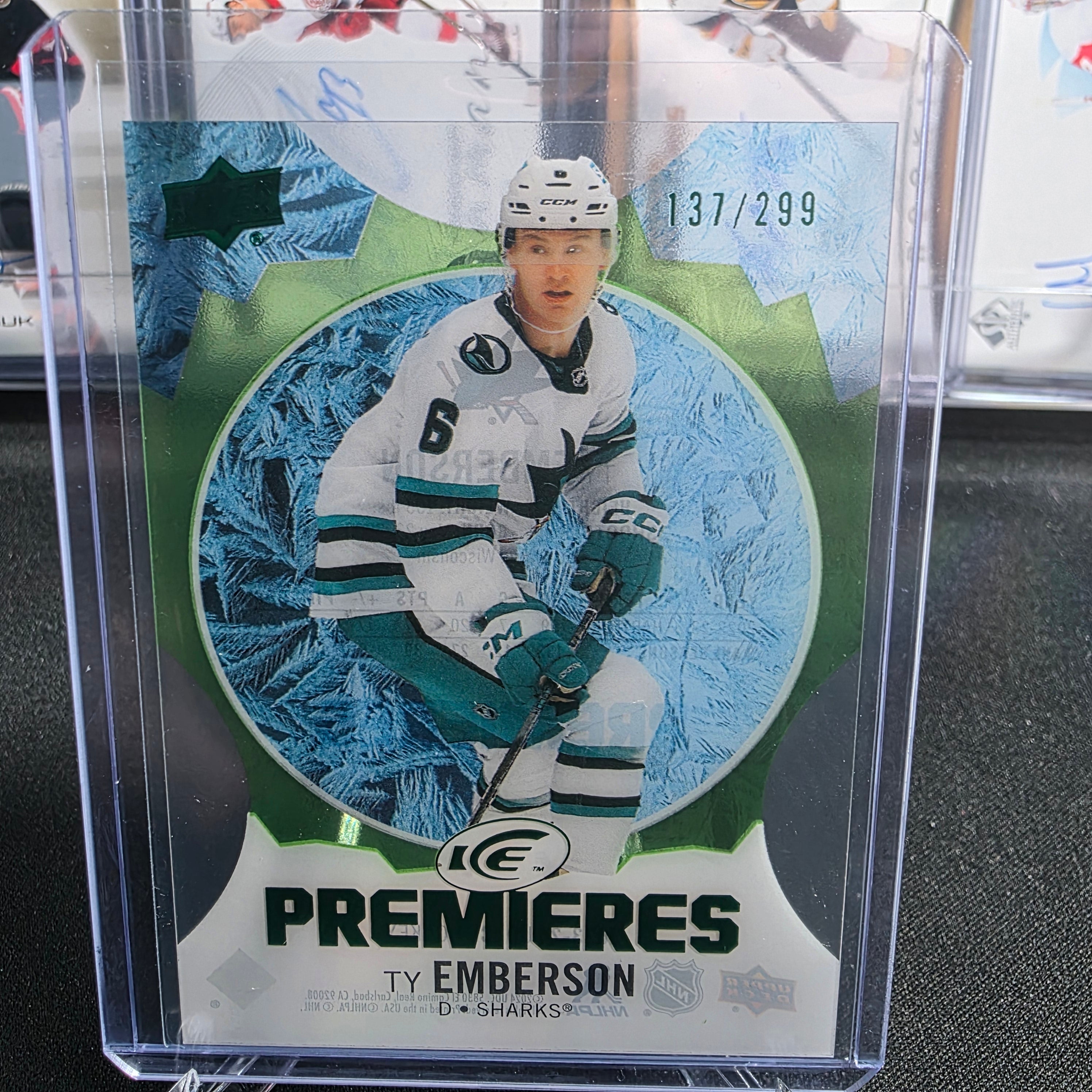 2023-24 Upper Deck Ice Ty Emberson #171 Ice Premieres Green 137/299 San Jose Sharks RC