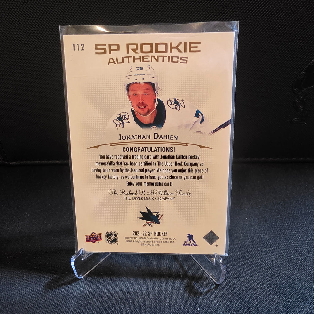 2021-22 UD SP Hockey Jonathan Dahlen SP Rookie Authentics Jersey 112 Sharks RC