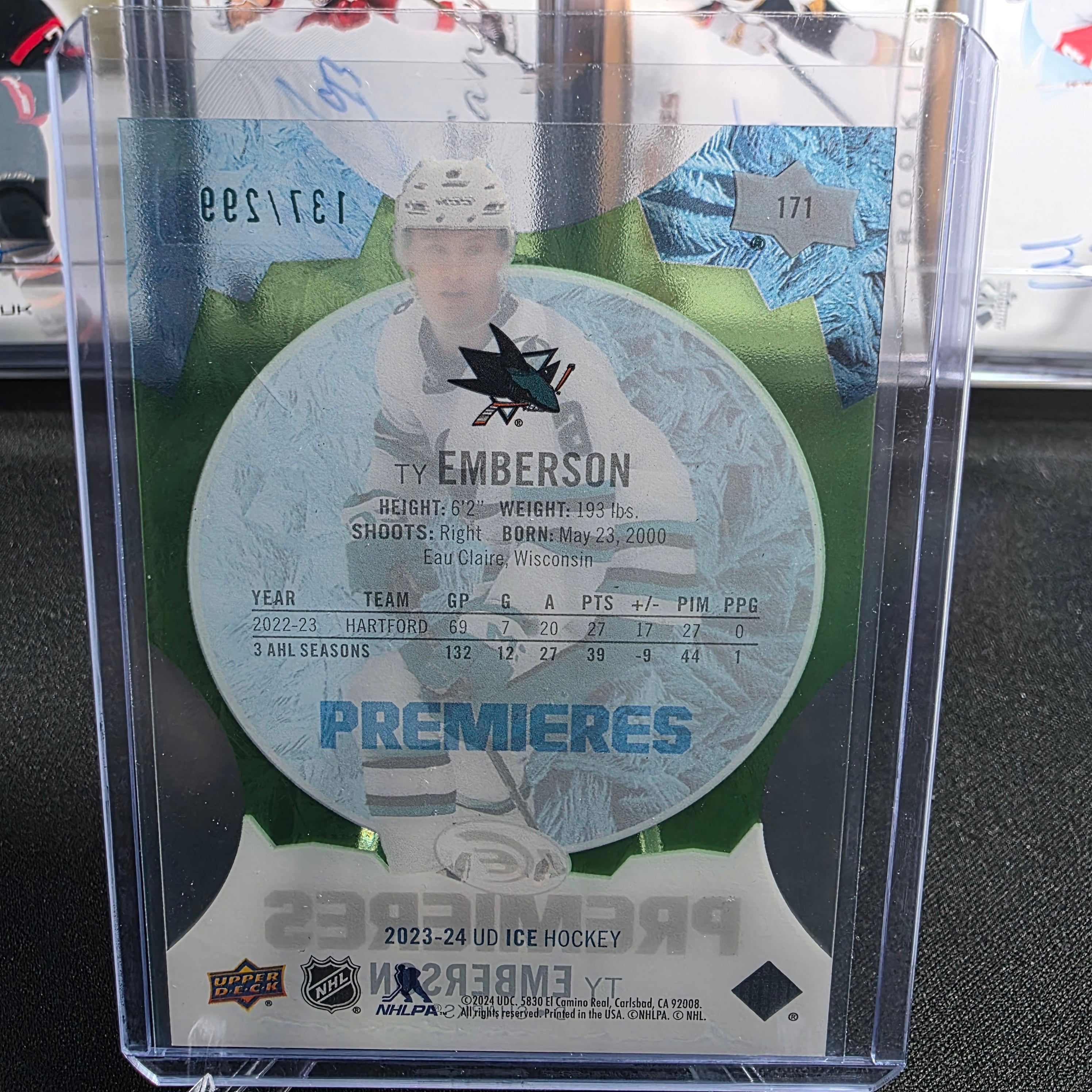 2023-24 Upper Deck Ice Ty Emberson #171 Ice Premieres Green 137/299 San Jose Sharks RC