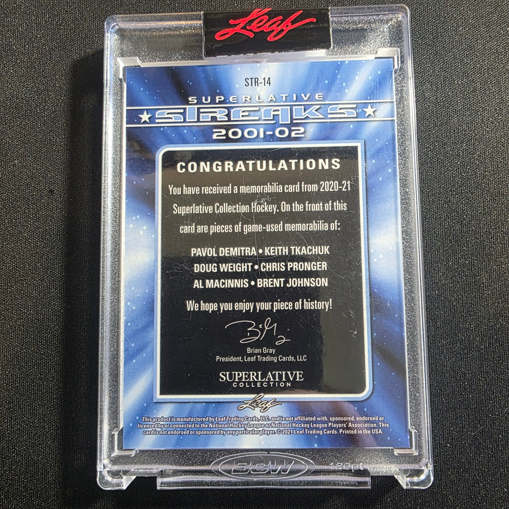 2020-21 Leaf Superlative Streaks 2001-02 6x Game-Used Pronger Tkachuk STR-14