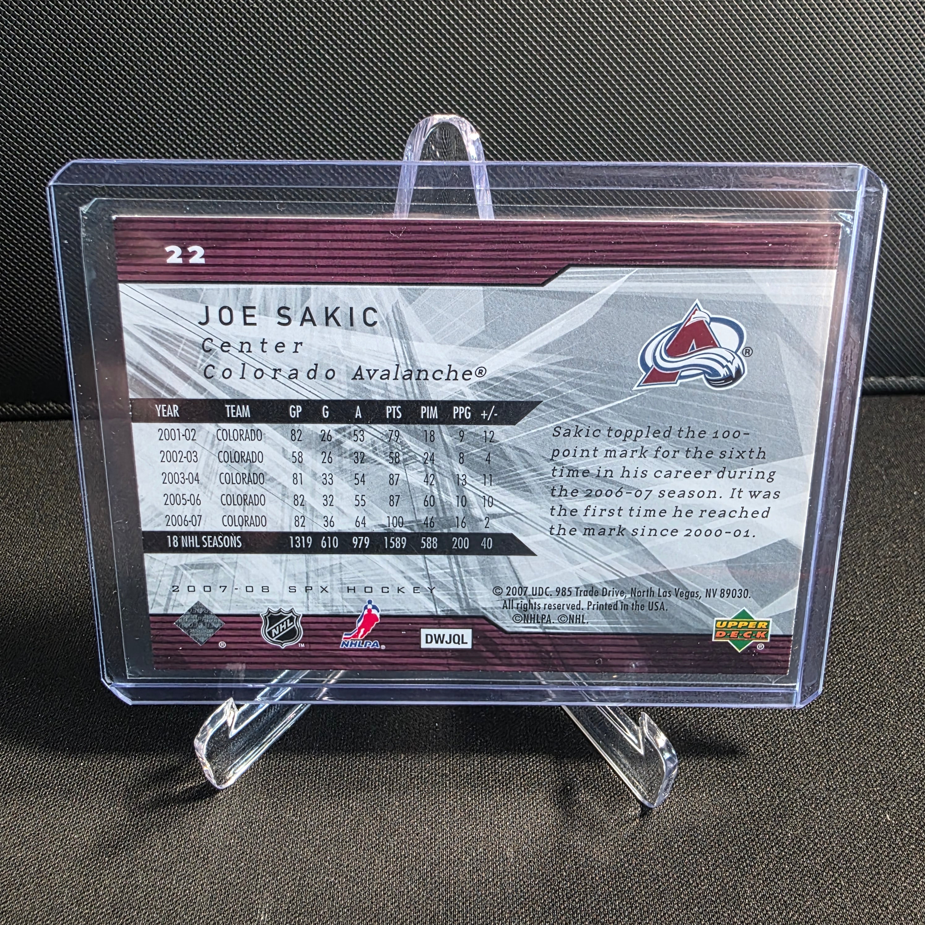 2007-08 Upper Deck SPX 22 Joe Sakic Colorado Avalanche