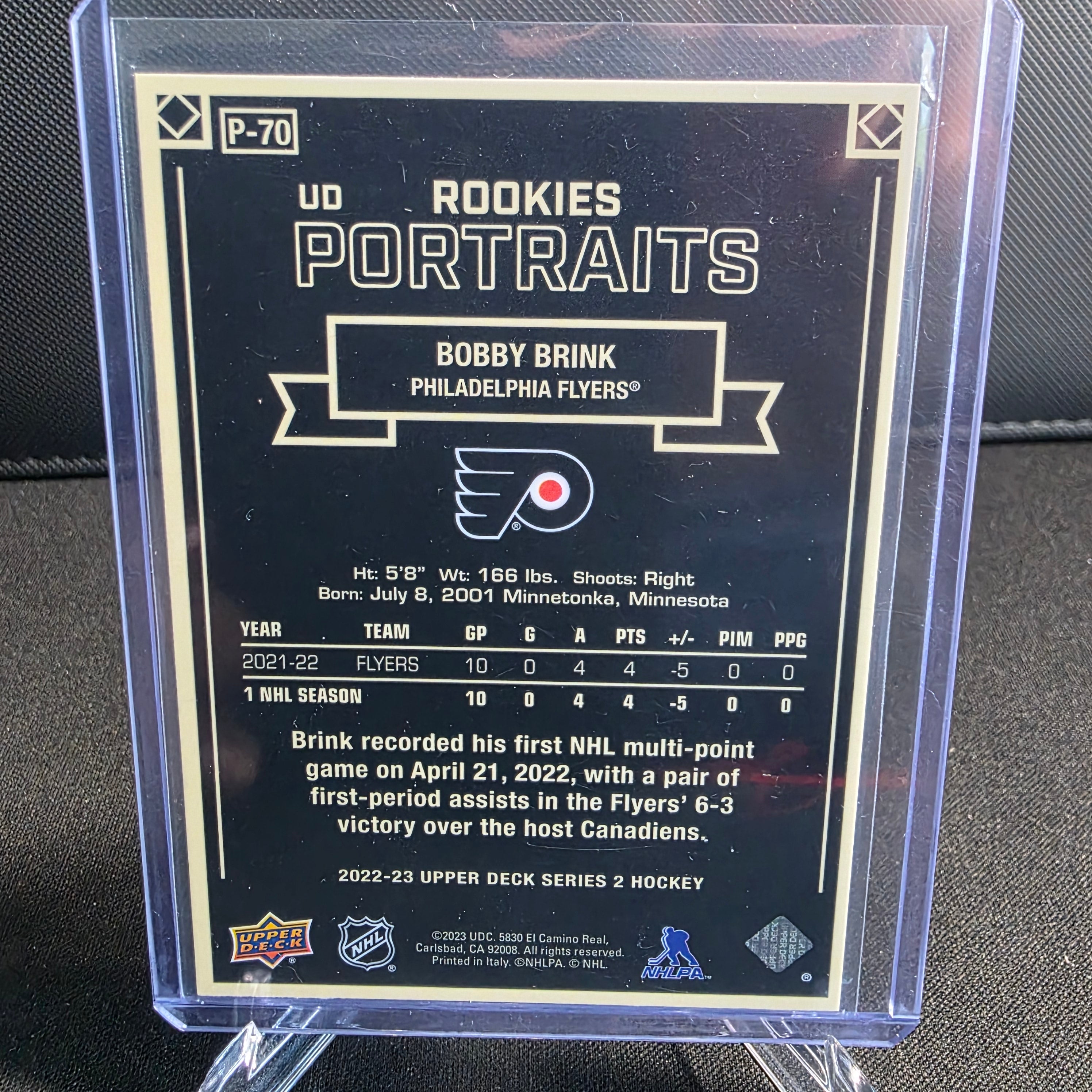 2022-23 Upper Deck Series 2 UD Rookies Portraits P-70 Bobby Brink Philadelphia Flyers