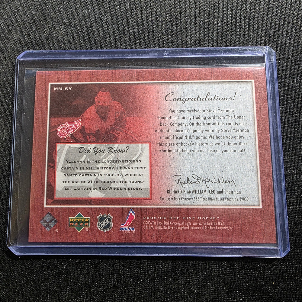 2005-06 UD BEEHIVE STEVE YZERMAN JERSEY GAME USED MM-SY MATTED MATERIALS Wings