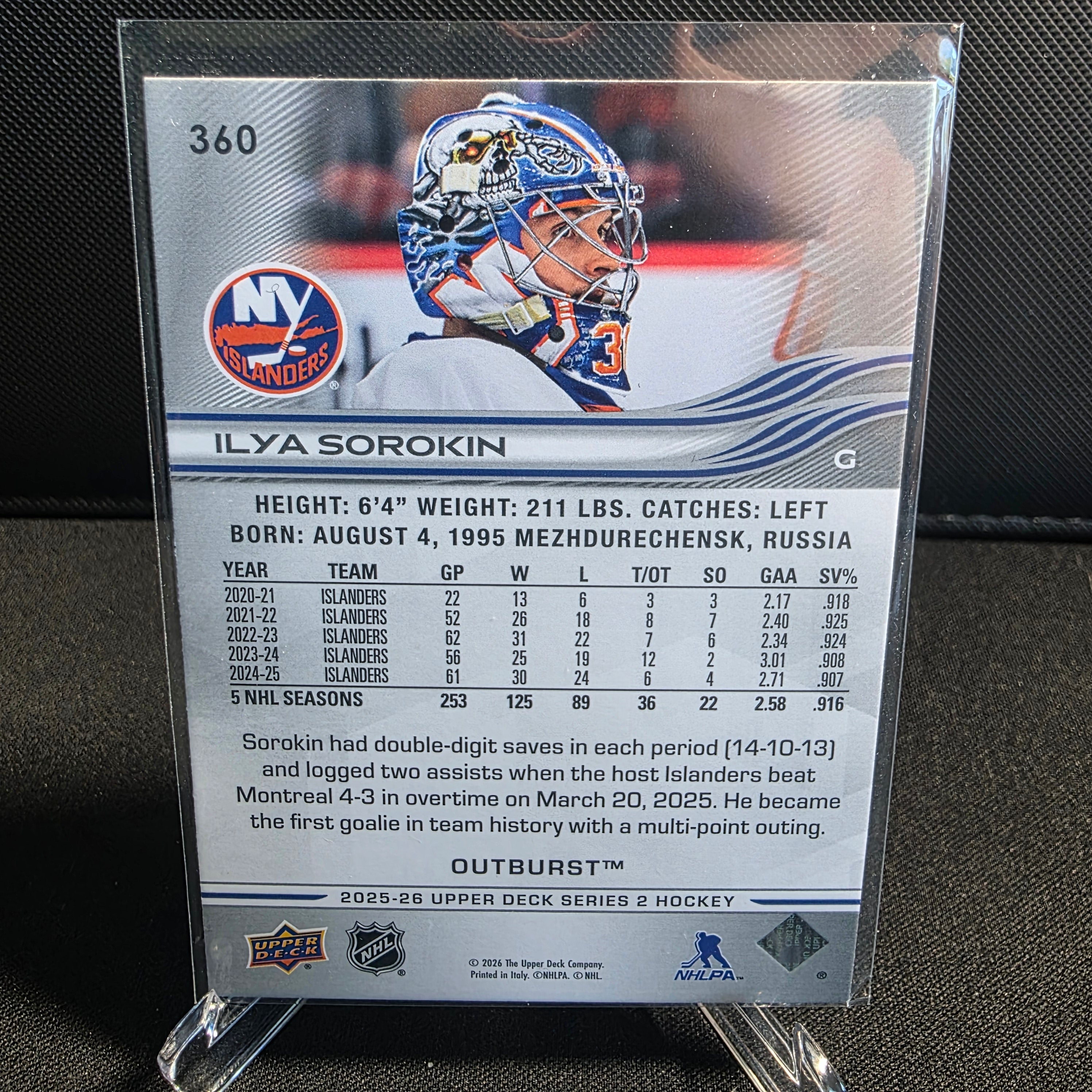 2025-26 Upper Deck Series 2 Outburst 360 Ilya Sorokin New York Islanders