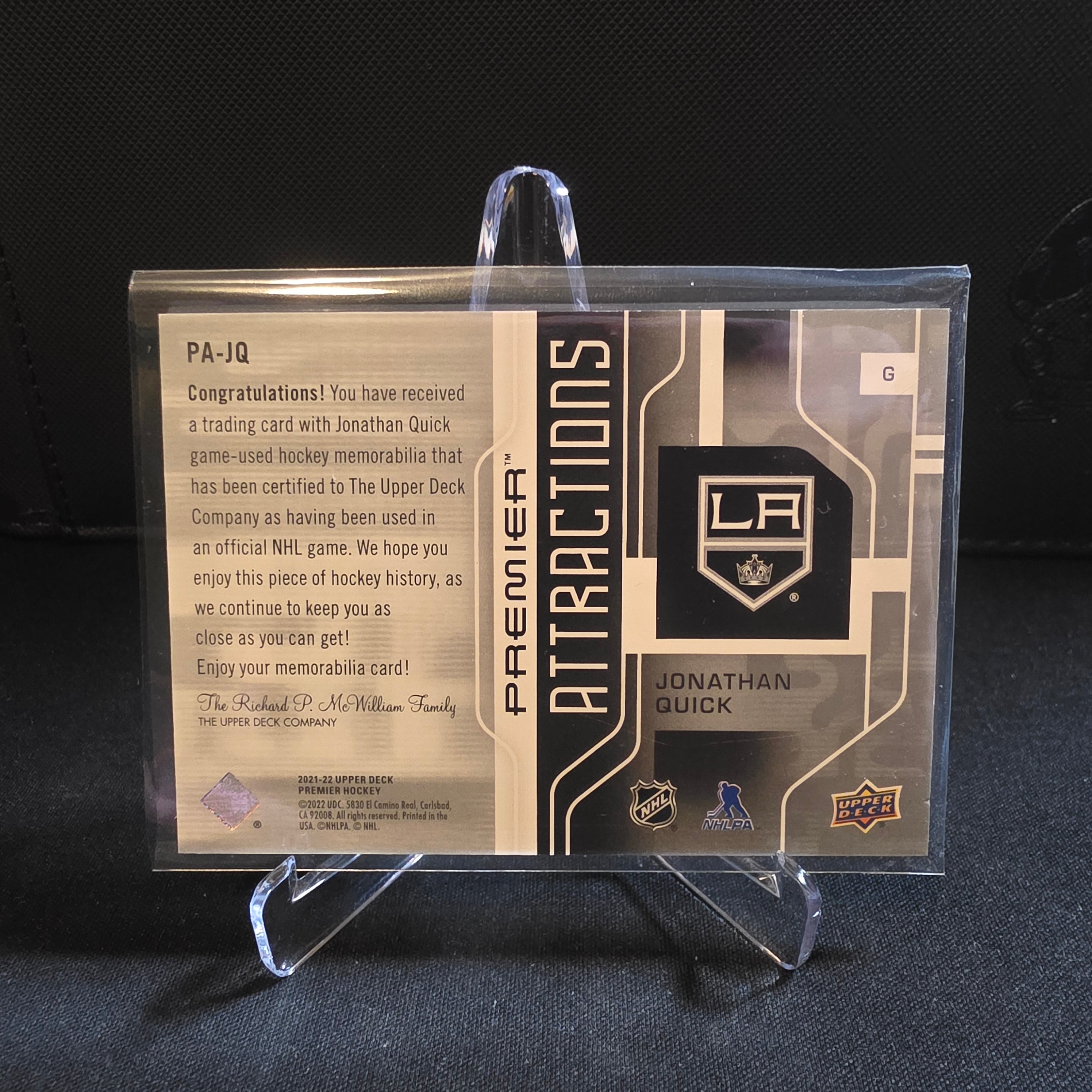 2021-22 UD Premier Jonathan Quick PA-JQ Attractions Jersey 61/99 LA Kings