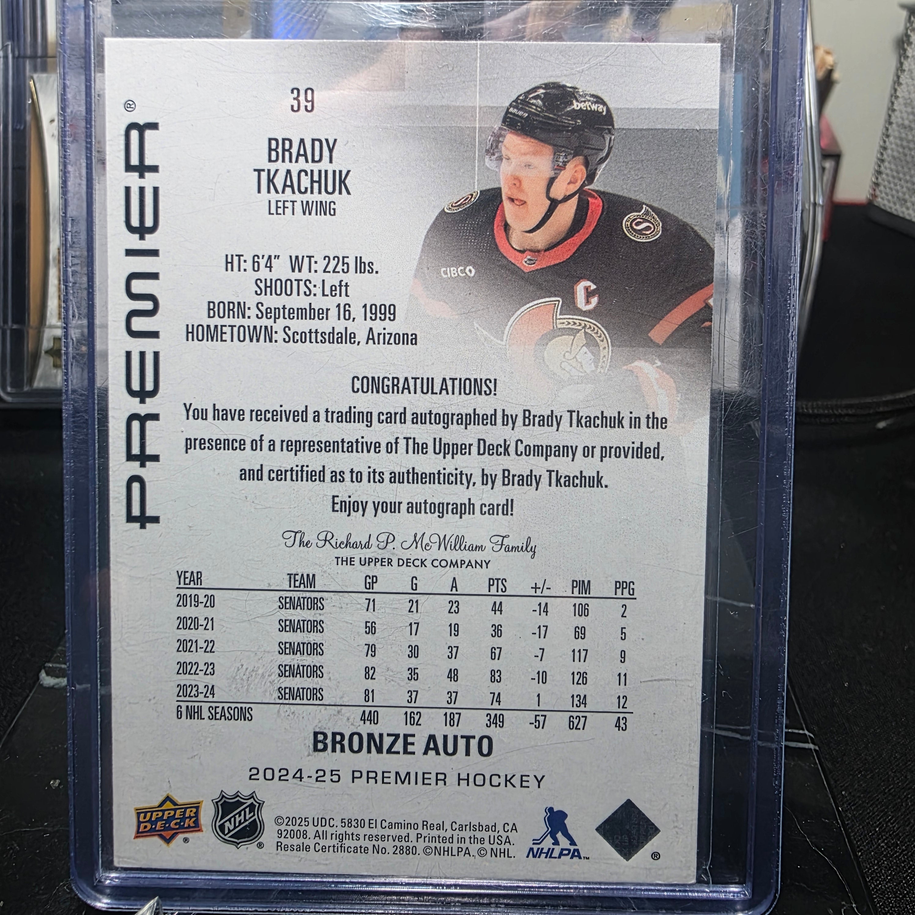 2024-25 Upper Deck Premier Hockey Brady Tkachuk Bronze Auto #39 (Ottawa Senators)