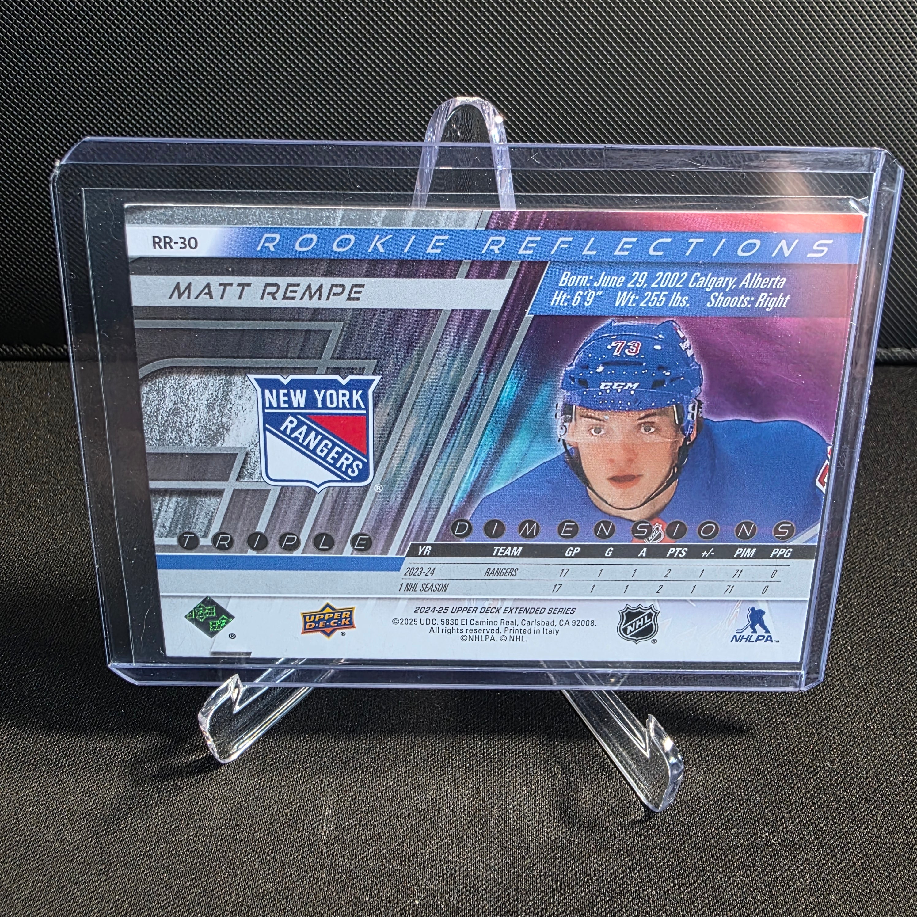 2024-25 Upper Deck Extended Series Triple Dimensions Rookie Reflections RR-30 Matt Rempe New York Rangers