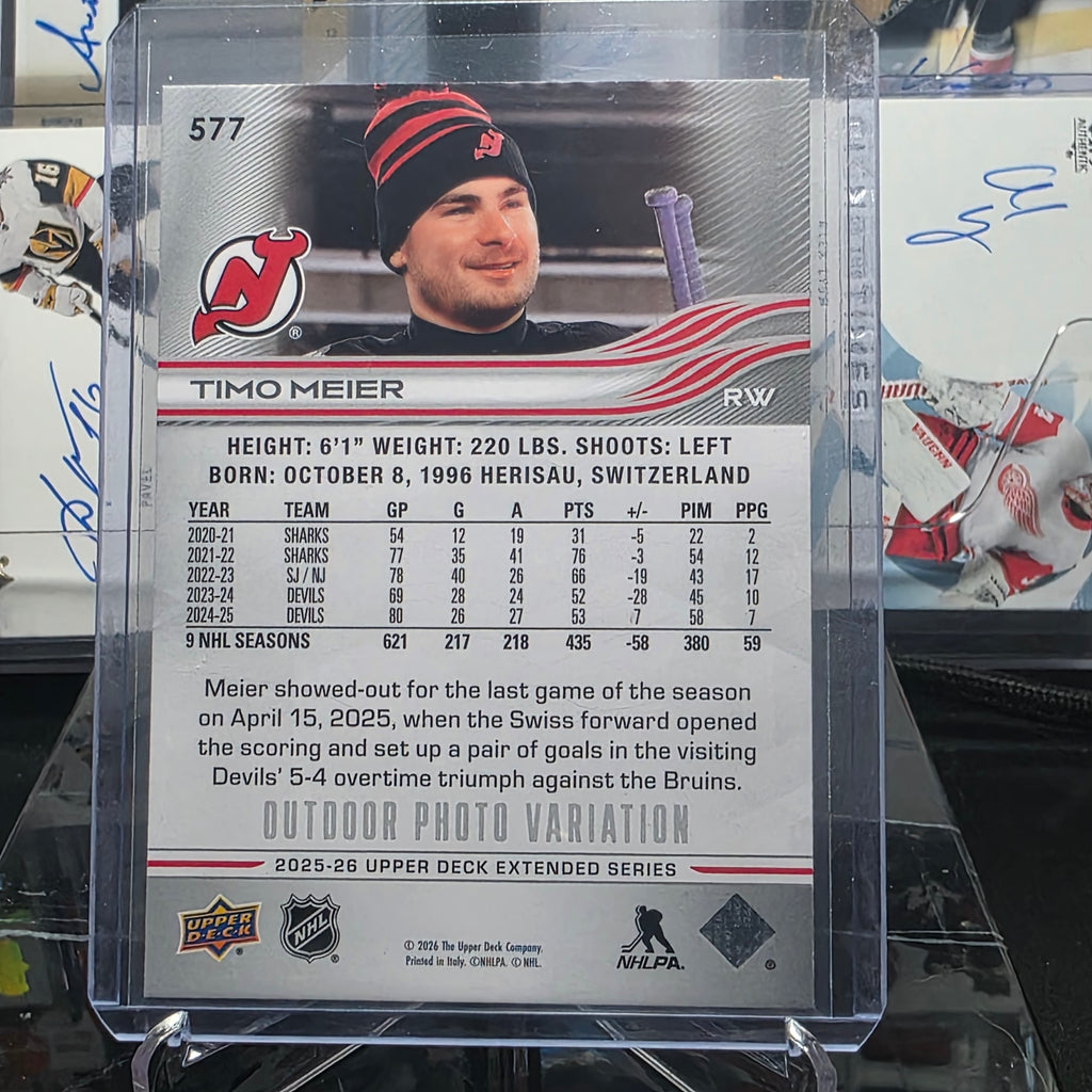 2025-26 Upper Deck Extended Series Timo Meier Outdoor Photo Variation #577 (New Jersey Devils)