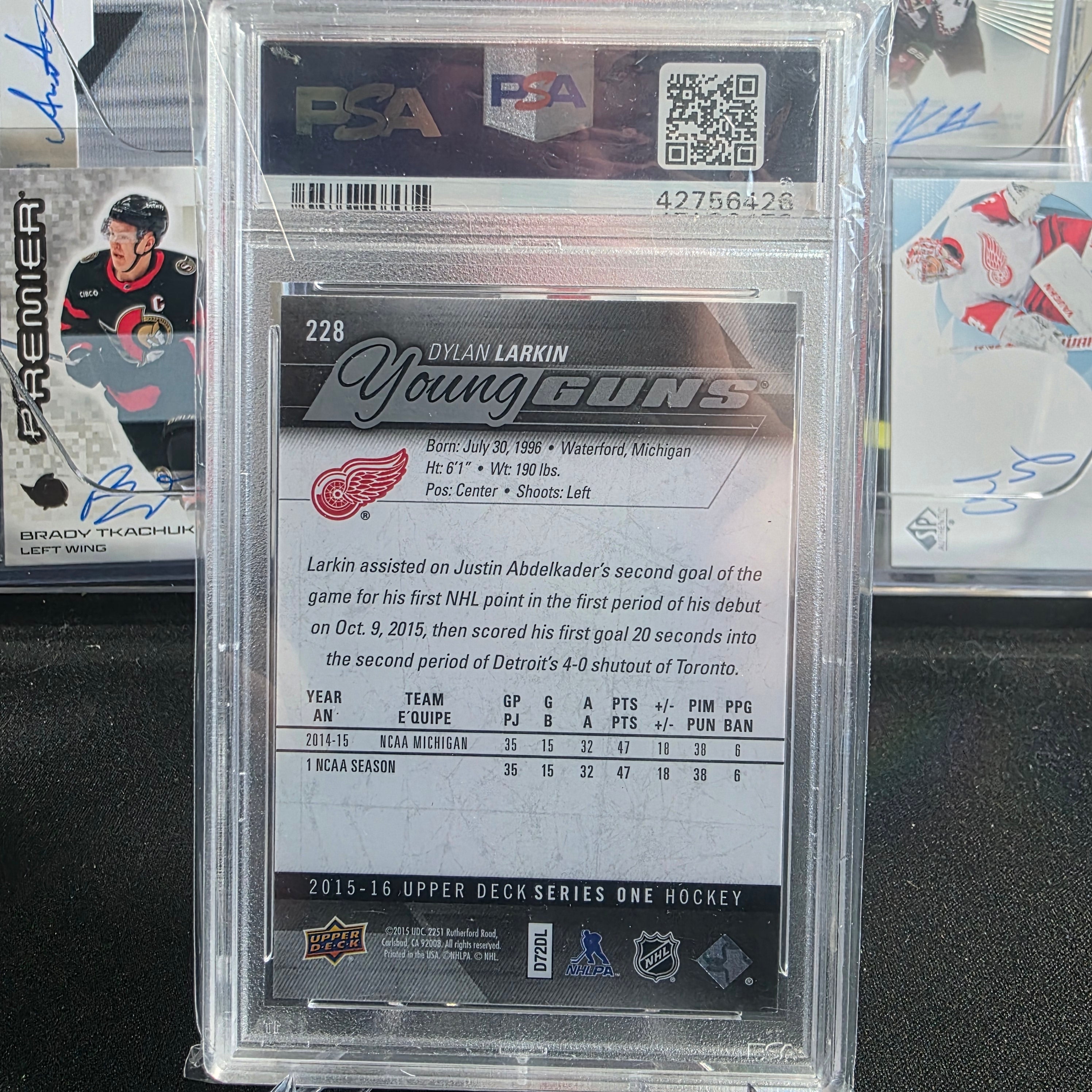 2015-16 Upper Deck Series 1 Dylan Larkin #228 Young Guns Detroit Red Wings PSA 9